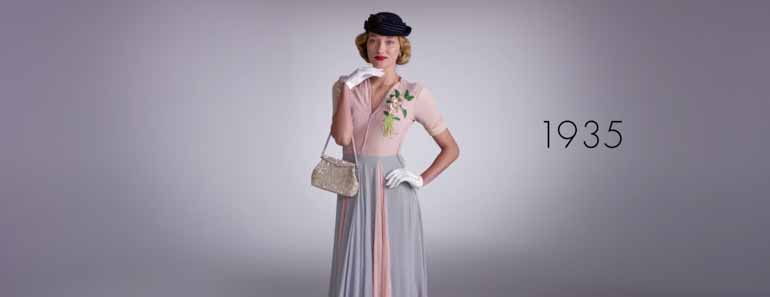 Photo of a model wearing a circa 1930s dress for the Mode video 100 years of fashion.